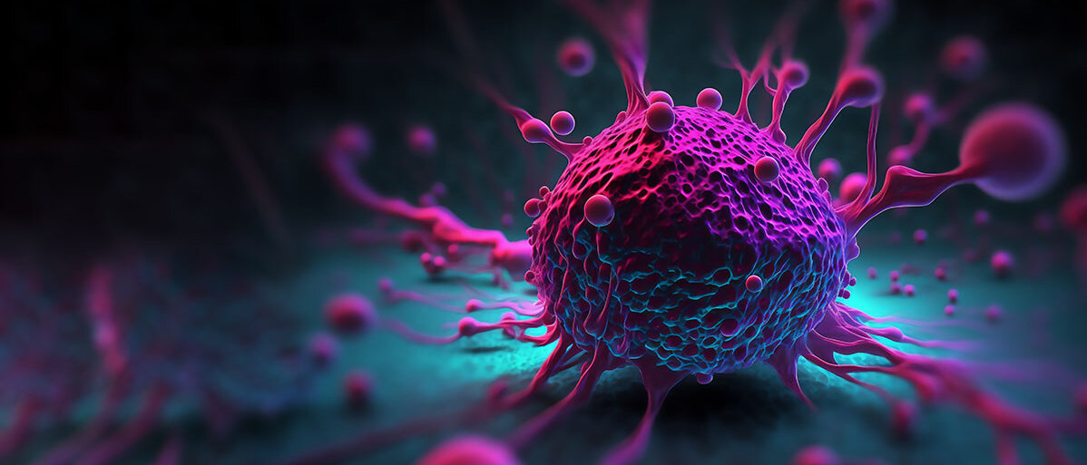 Darstellung einer Tumorzelle: Eine Kugel hält sich mit fadenförmigen Auswüchsen an ihrer Umgebung fest.